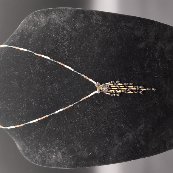 Black and Cream Beaded Handmade Bohemian Necklace - Picture 3 of 11